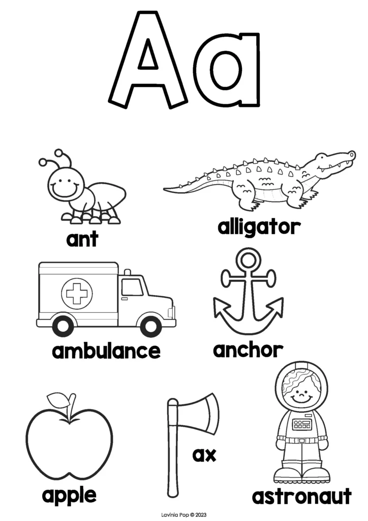 Letter A Coloring Page | Simple coloring worksheet for preschoolers to identify and color pictures beginning with A. Great for reinforcing beginning sounds.