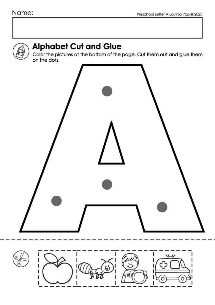 Letter A Cut and Paste | Preschool cut and glue activity where children identify and paste pictures that start with A. Fun phonics craft.