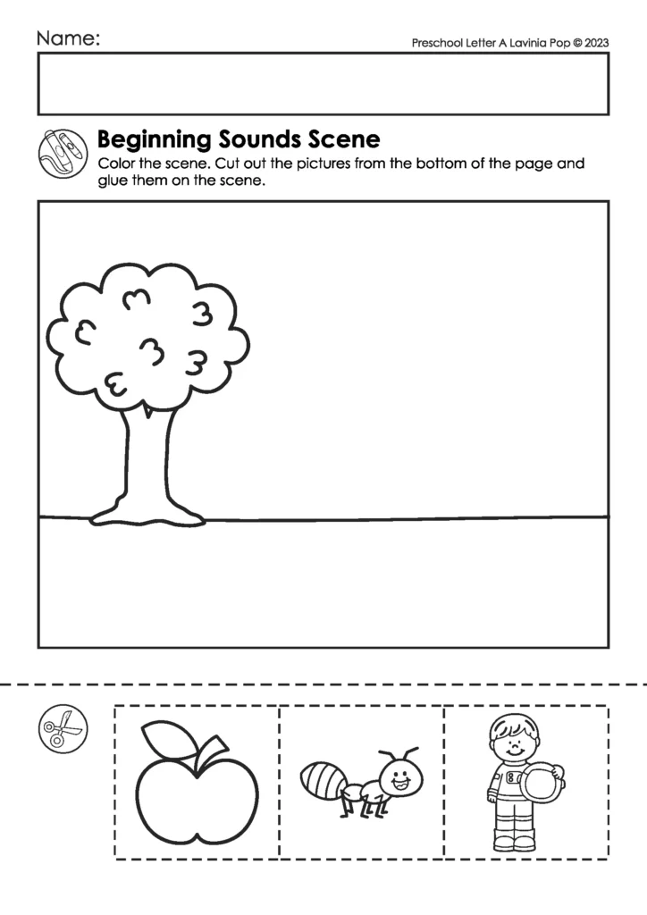 Letter A Beginning Sounds Scene | Creative cut-and-paste worksheet where preschoolers color and build a scene using pictures that start with A.