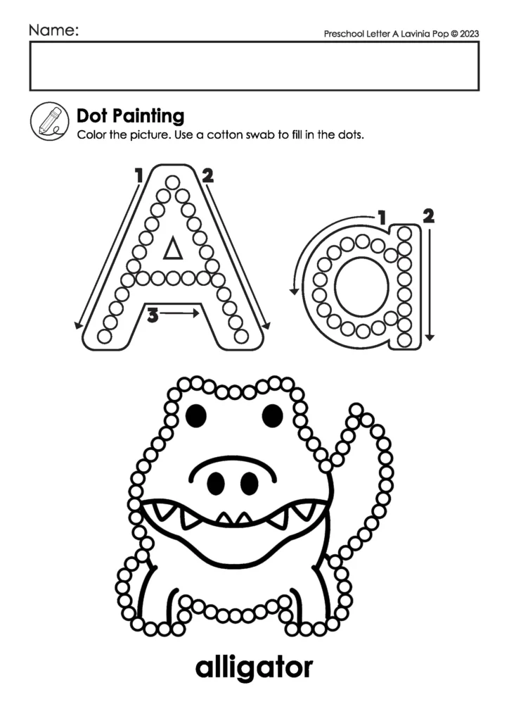 Dot Painting Letter A | Alphabet dot marker activity to help preschoolers recognize and decorate the letter A with cotton buds or paint.