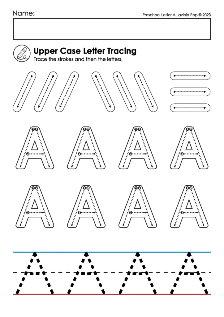 Uppercase A Tracing Worksheet | Preschool tracing activity for uppercase A with visual guides for correct letter formation. Ideal for handwriting practice.