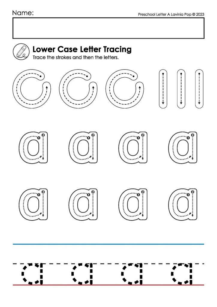 Lowercase A Tracing Worksheet | Preschool writing worksheet for lowercase A with stroke path support. Great for building early writing confidence.