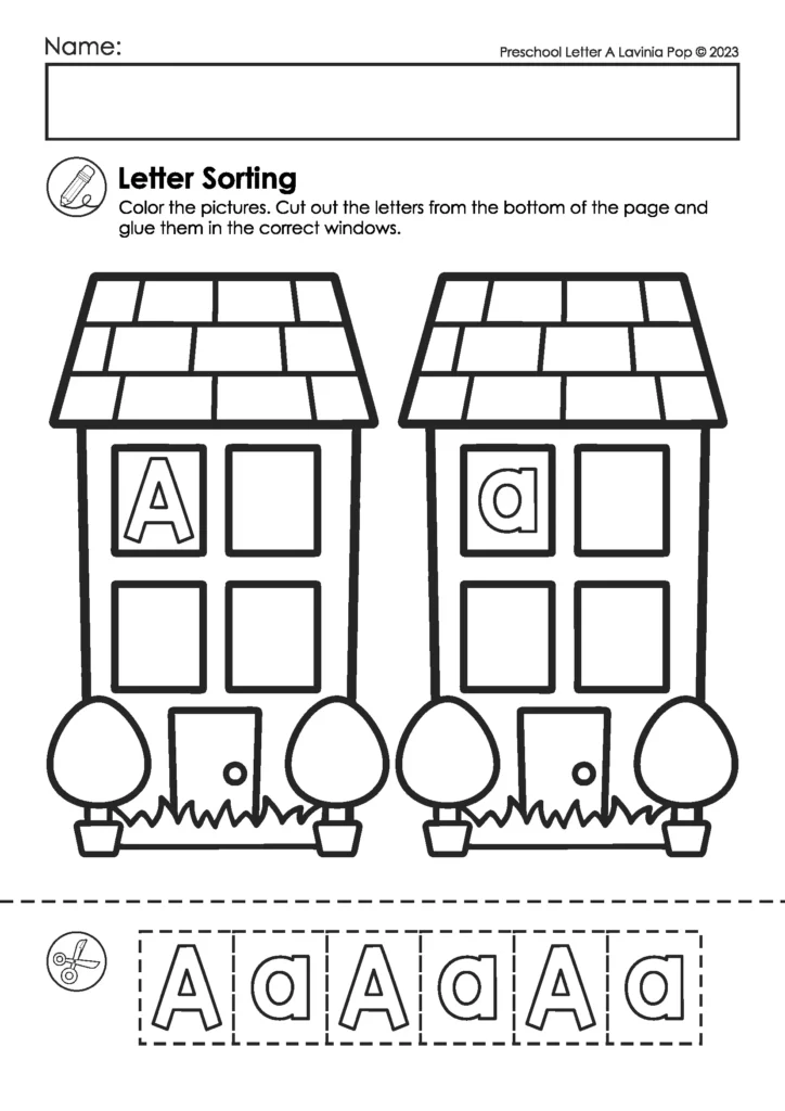 Letter A Sorting Activity | Preschool worksheet to cut and sort uppercase and lowercase letter A into matching windows. Alphabet identification fun.
