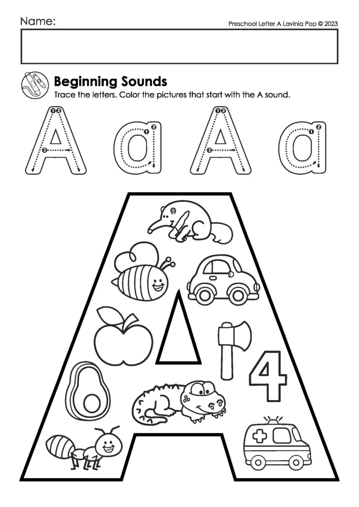 Beginning Sound A Coloring Page | Preschoolers trace and color pictures that start with the /a/ sound. Helps build phonemic awareness.