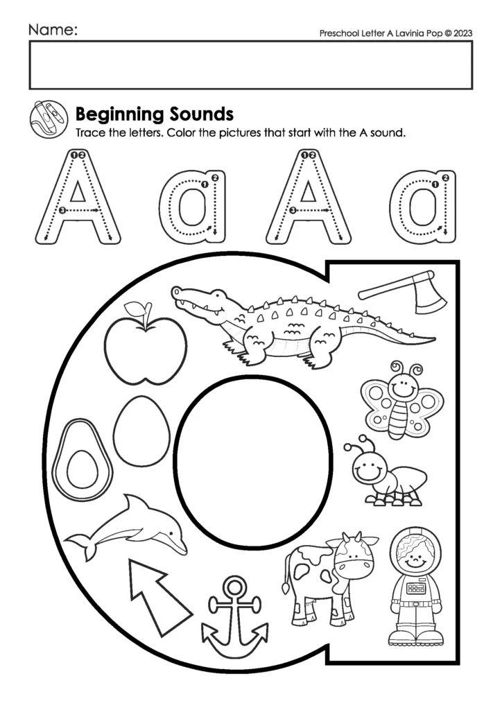 Lowercase A Beginning Sound Worksheet | Preschool coloring page with mixed picture options to identify initial A sounds. Differentiated for early learners.