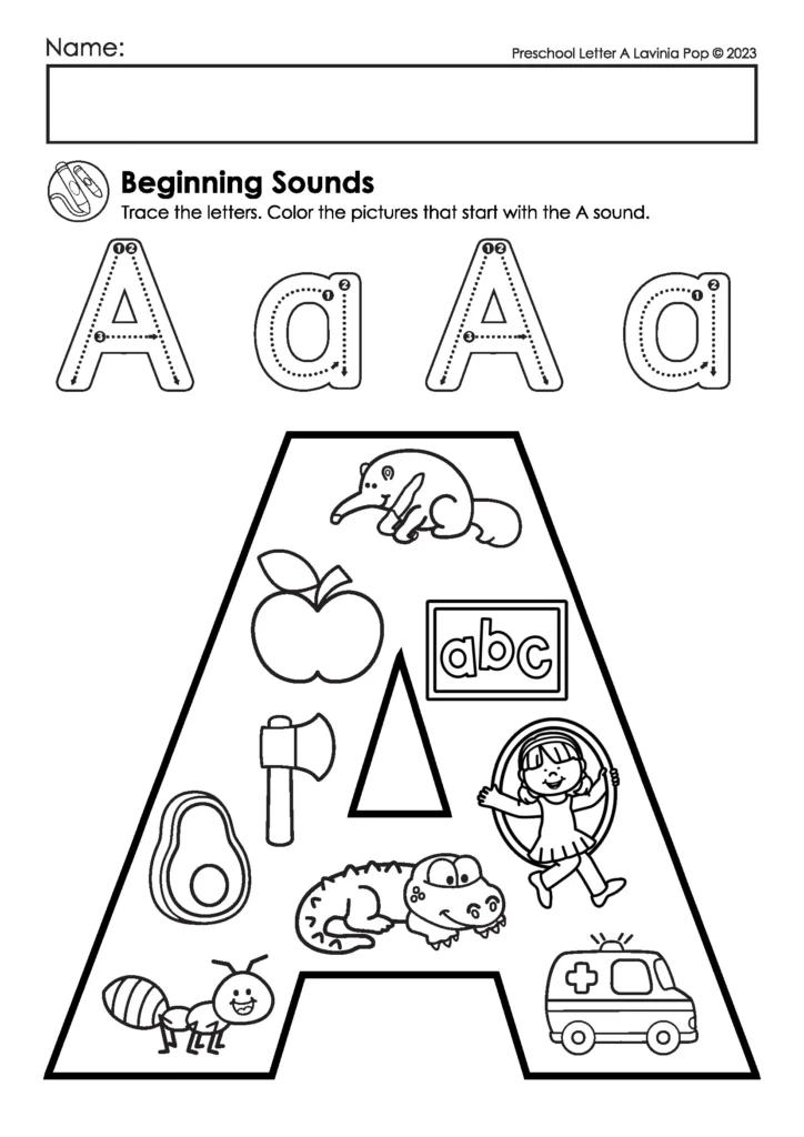 Beginning Sound A Coloring Page | Preschoolers trace and color pictures that start with the /a/ sound. Helps build phonemic awareness.