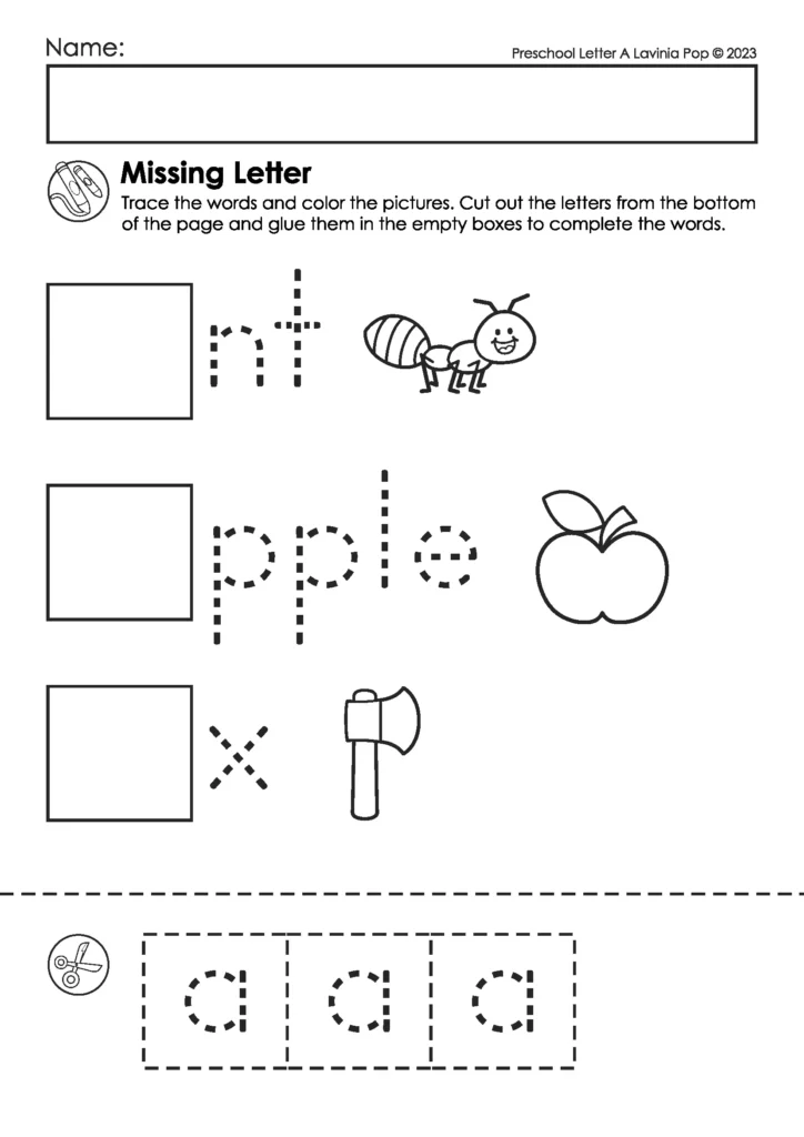 Missing Letters Worksheet | Preschoolers cut and glue lowercase A into missing spots to complete words. Supports phonics and word recognition.