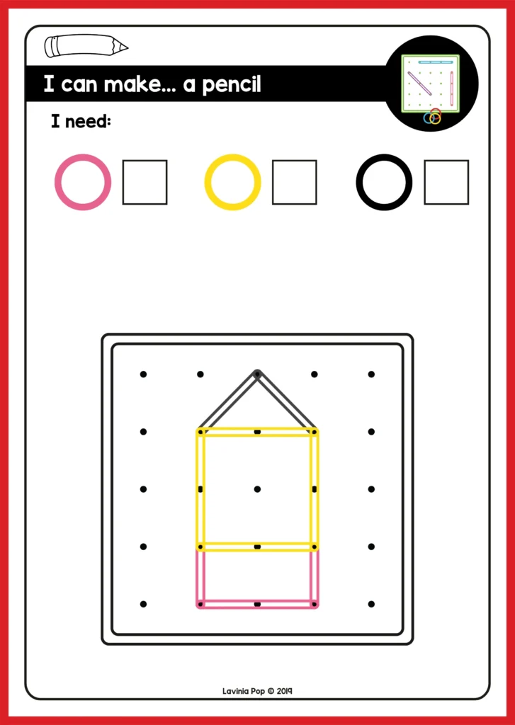 Geoboard Picture Fine Motor Task | Kids use elastic bands on a 5x5 geoboard to form shapes from picture cards. A hands-on fine motor task with free August printables available.