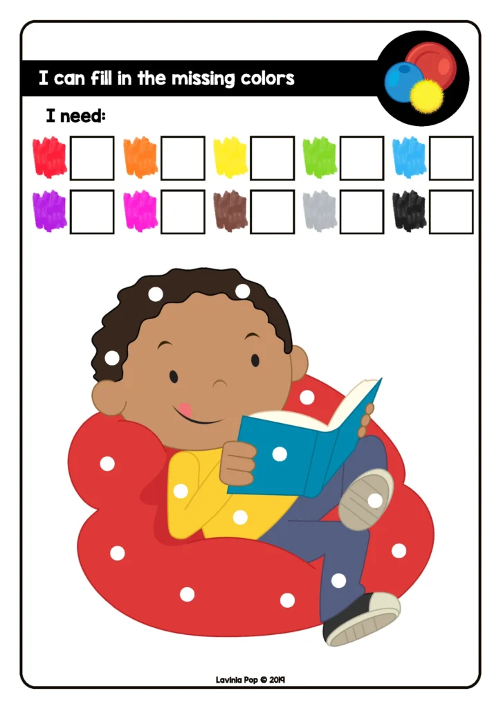 Missing Color Fine Motor Cards | Children match small objects to missing colored circles using pom-poms or beads. Supports color recognition and fine motor skills. Free download included.