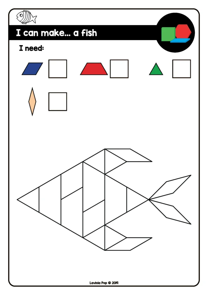 Pattern Block Picture Fine Motor Cards | Children place pattern blocks on cards to form simple pictures. Helps with shape recognition and fine motor precision. Free resources available.