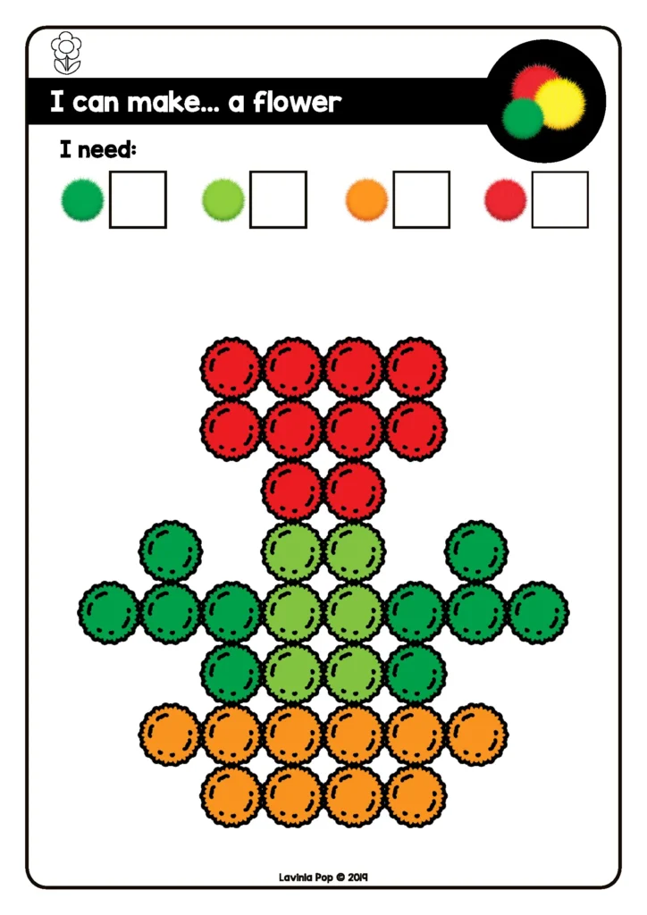 Pom-Pom Fine Motor Picture Cards | Preschool fine motor task using tweezers and pom-poms to match and complete colorful images. Free printable cards on this blog post.
