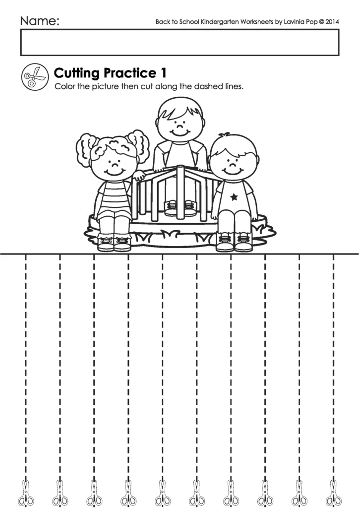 Back to School Kindergarten Worksheets and Activites. Cutting Practice Page