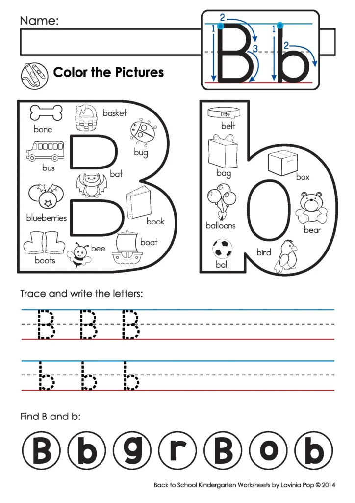 Back to School Kindergarten Worksheets and Activities. Includes: letter tracing, beginnign sounds pictures to color, “find the letter” activity. These pages help reinforce letter formation and recognition and beginning sounds.