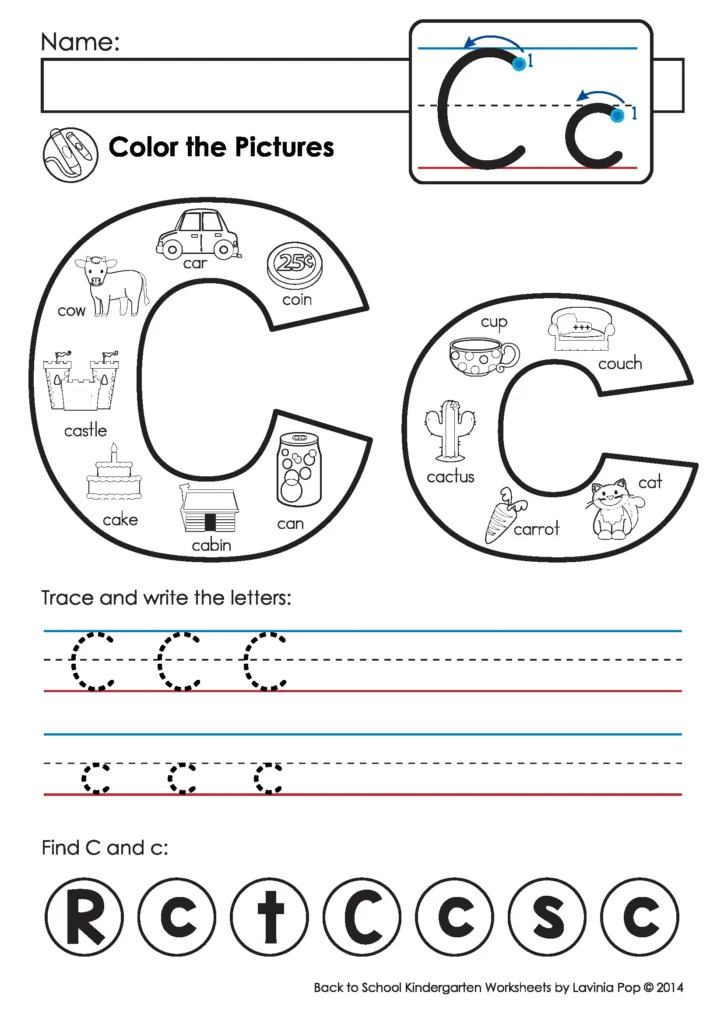 Back to School Kindergarten Worksheets and Activities. Includes: letter tracing, beginnign sounds pictures to color, “find the letter” activity. These pages help reinforce letter formation and recognition and beginning sounds.