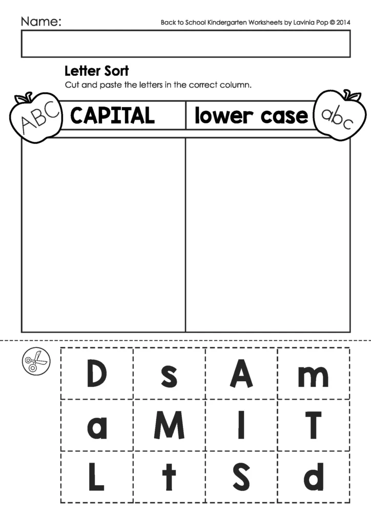 Back to School Kindergarten Worksheets and Activities. Sorting Capital (upper case) and and lower case letters cut and paste worksheet.