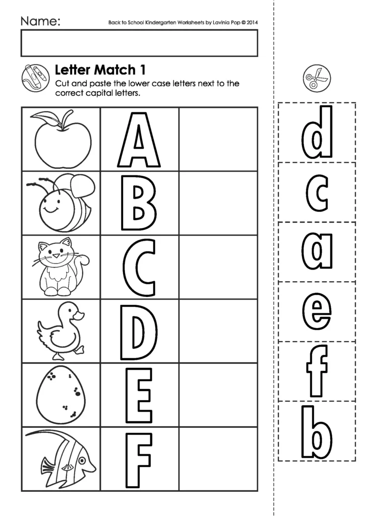 Back to School Kindergarten Worksheets and Activities. Alphabet match cut and paste worksheets. Upper and lower case letter match with beginning sounds pictures.