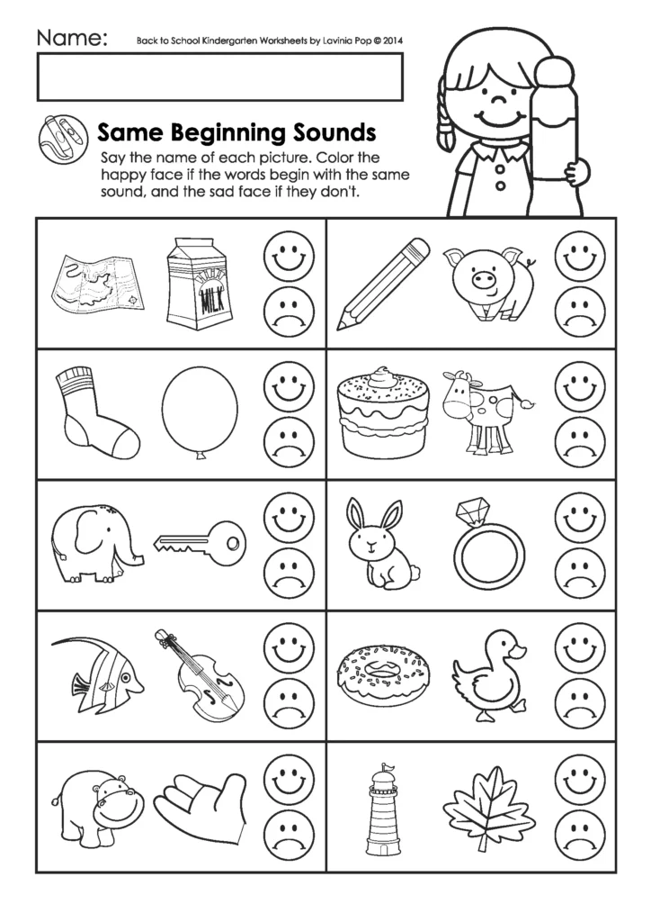 Back to School Kindergarten Worksheets and Activities. Same Beginning Sounds Worksheet.