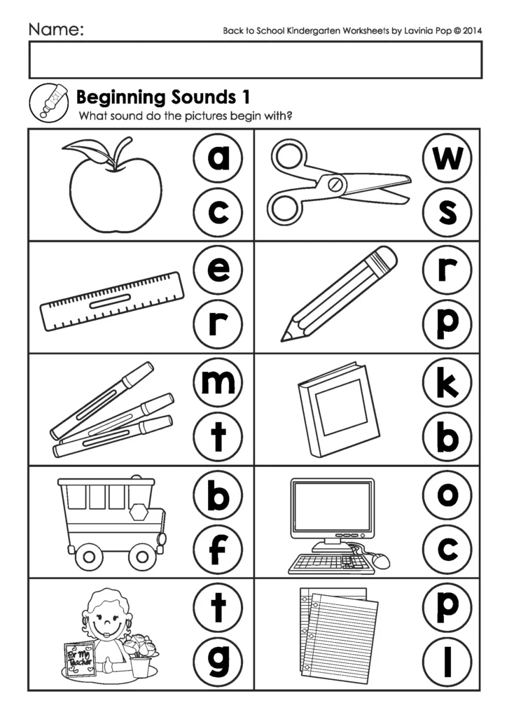 Back to School Kindergarten Worksheets and Activities. Beginning Sounds Worksheet.