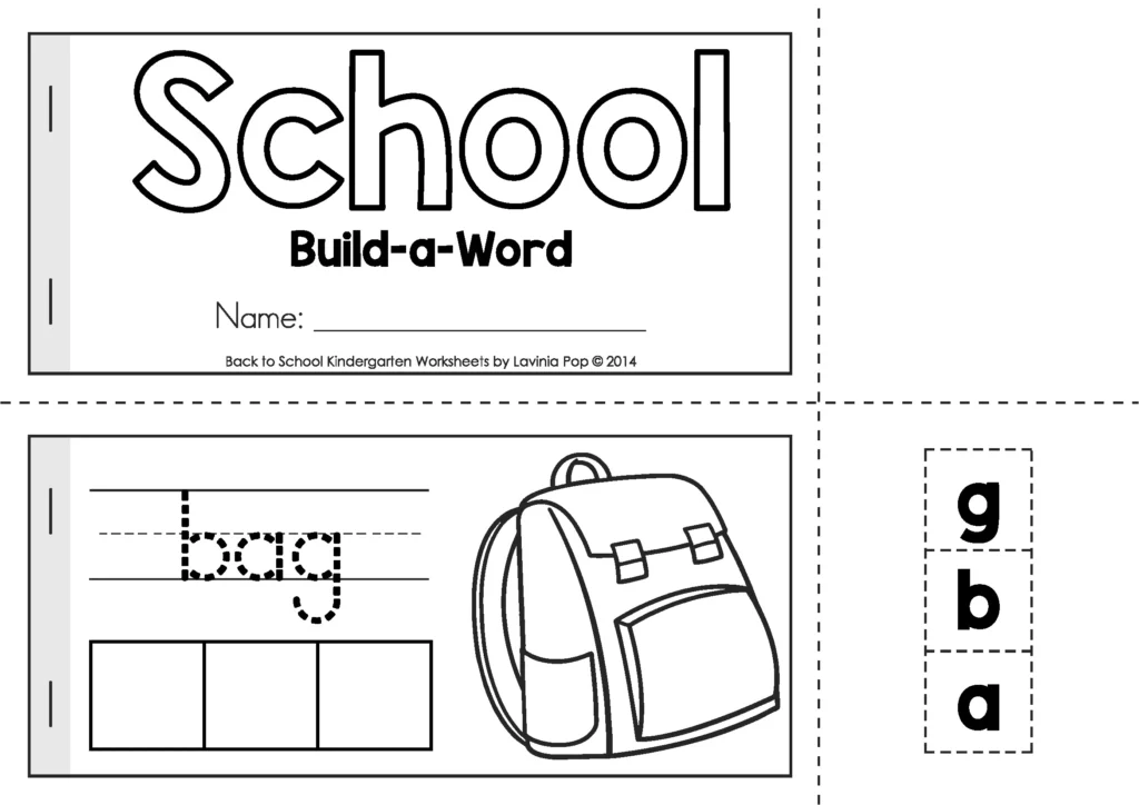 Back to School Worksheets and Activities. Build a Word Cut and Paste Booklet. Each half-page includes a vocabulary word to trace, letter tiles to cut and paste, and an image to color.