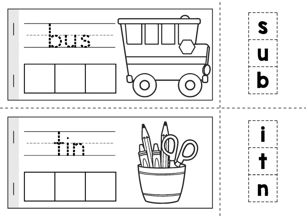 Back to School Worksheets and Activities. Build a Word Cut and Paste Booklet. Each half-page includes a vocabulary word to trace, letter tiles to cut and paste, and an image to color.