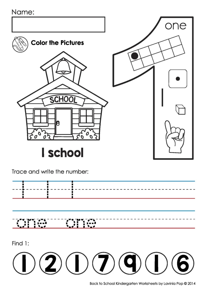 Back to School Kindergarten Worksheets and Activities. Number Sense Practice Pages 1-10. Children trace numerals and number words, count and color matching objects, and then find the target number at the bottom of the page.
