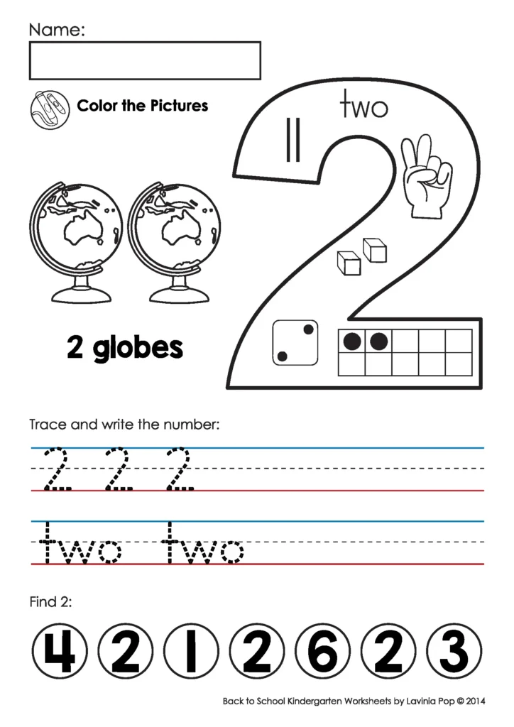 Back to School Kindergarten Worksheets and Activities. Number Sense Practice Pages 1-10. Children trace numerals and number words, count and color matching objects, and then find the target number at the bottom of the page.