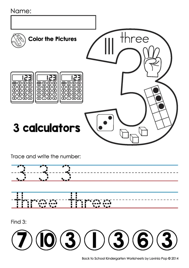 Back to School Kindergarten Worksheets and Activities. Number Sense Practice Pages 1-10. Children trace numerals and number words, count and color matching objects, and then find the target number at the bottom of the page.