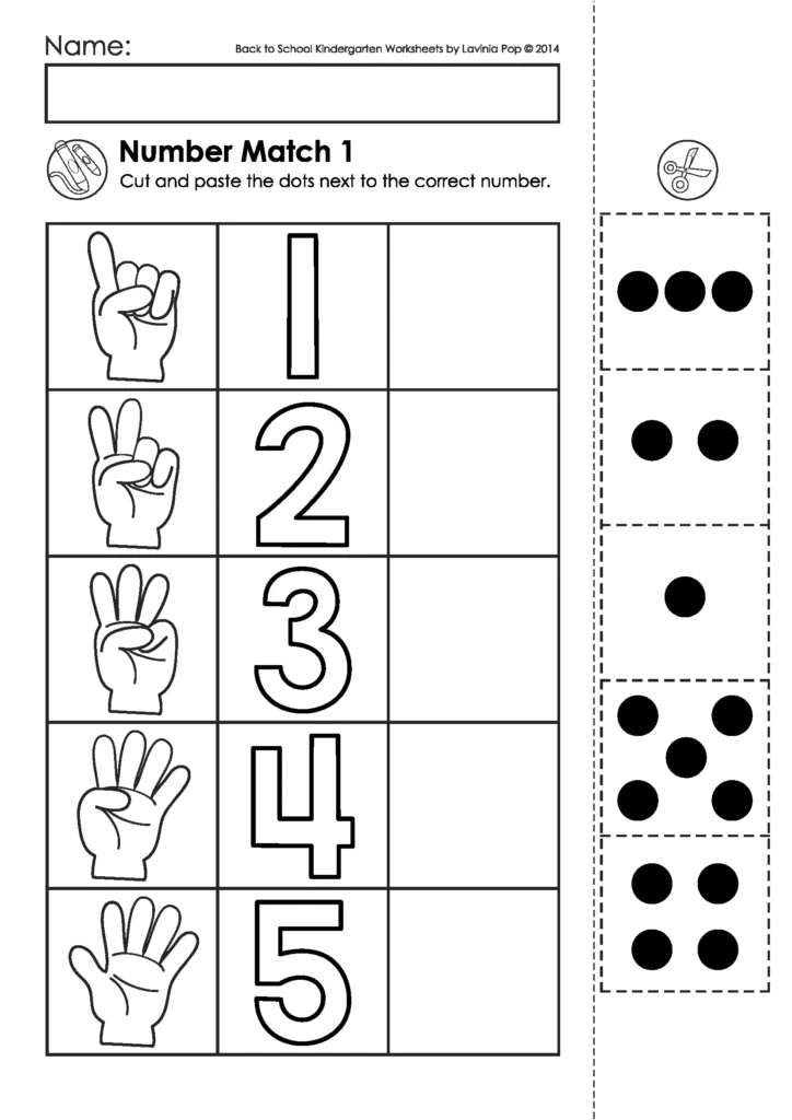 Back to School Kinderarten Worksheets and Activities. Cut and Paste Numbers 1-10. Children match number tiles to dot representations by cutting and pasting. A great way to reinforce number quantity and symbol connection.