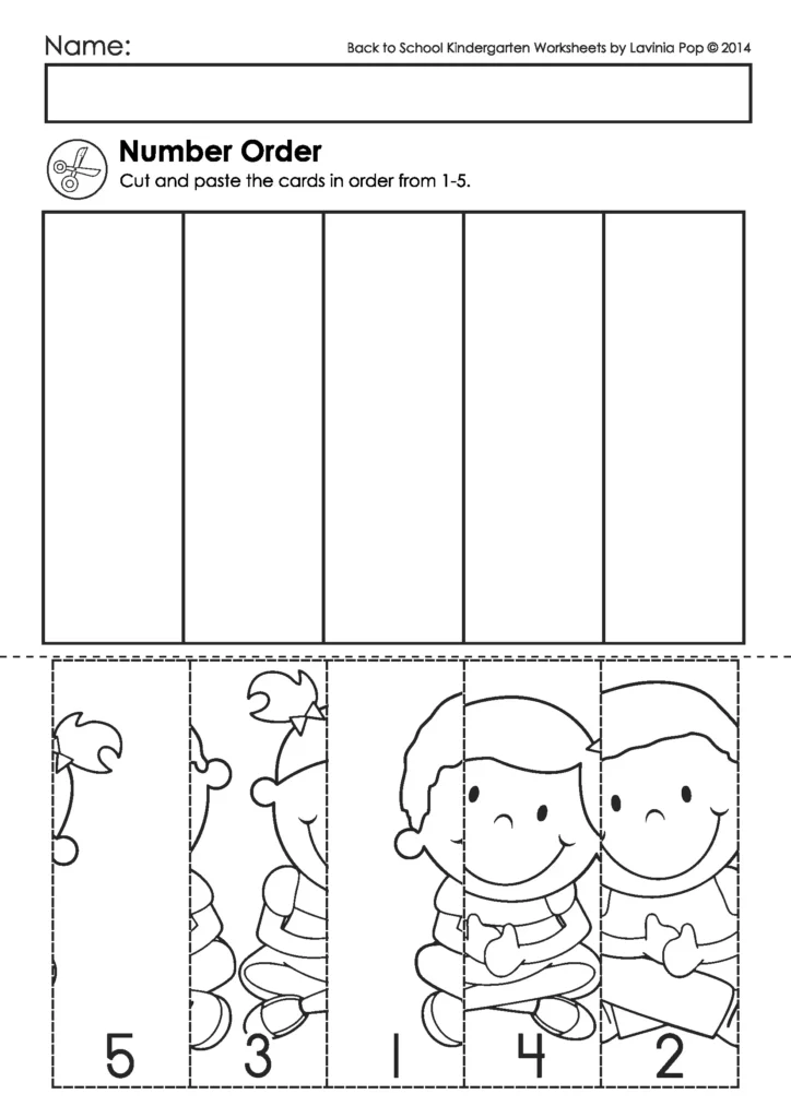 Back to School Kindergarten Worksheets nad Activities. Students cut and paste numbers in order, helping develop sequencing and number fluency.