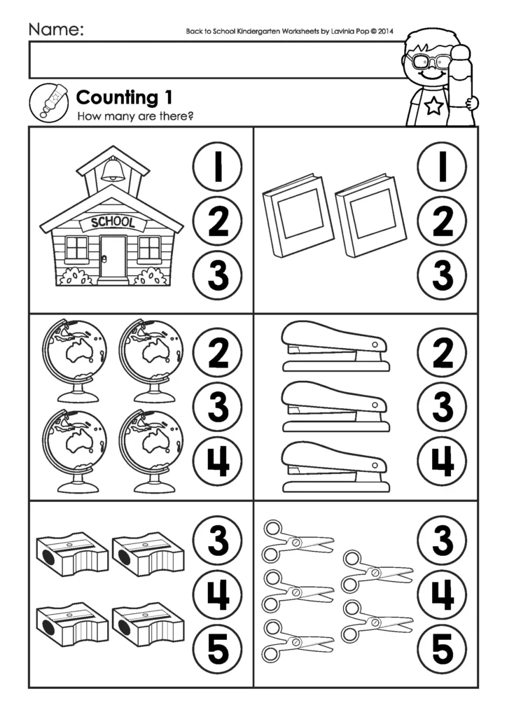 Back to School Kindergarten Worksheets and Activities. Children count items and color the circle with the correct total. You can also use dot markers for a fun twist!