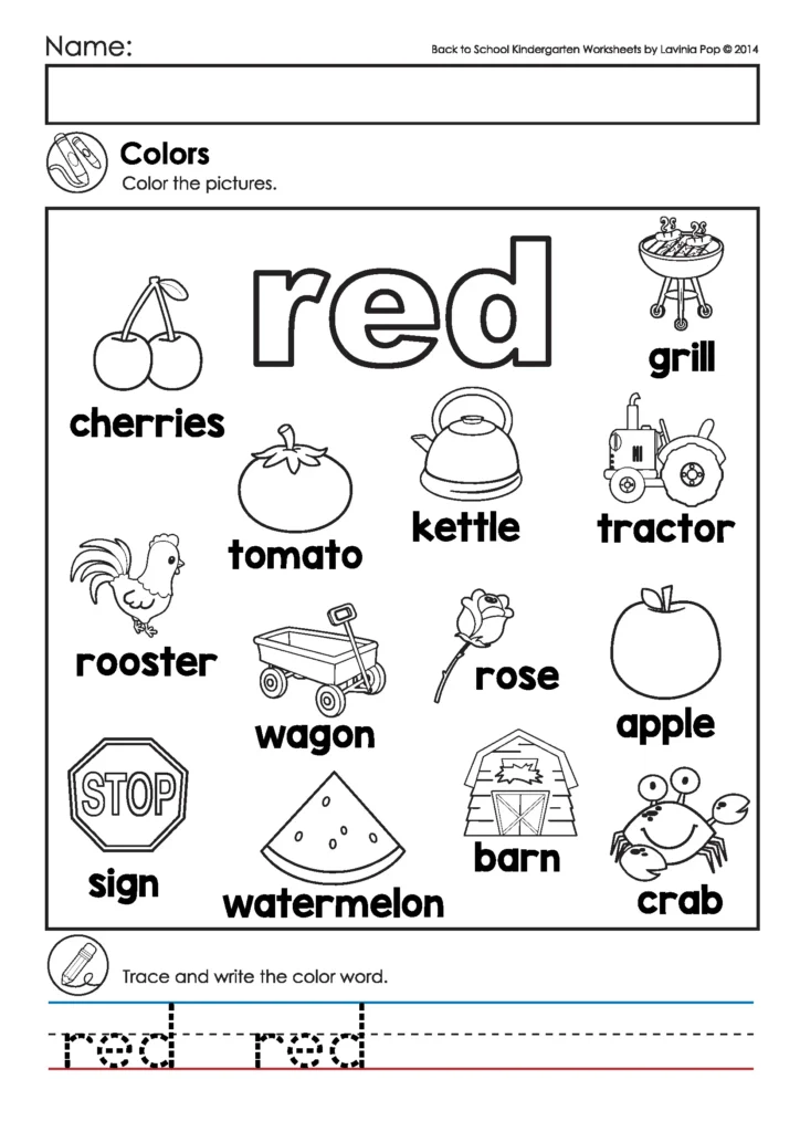 Back to School Kindergarten Worksheets and Activities. Colors Coloring Pages. Each page includes a color word to trace and a related image to color. This helps children build color vocabulary and practice simple handwriting.
