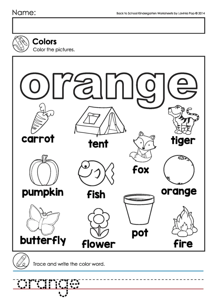 Back to School Kindergarten Worksheets and Activities. Colors Coloring Pages. Each page includes a color word to trace and a related image to color. This helps children build color vocabulary and practice simple handwriting.