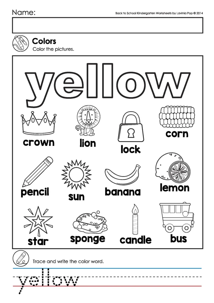 Back to School Kindergarten Worksheets and Activities. Colors Coloring Pages. Each page includes a color word to trace and a related image to color. This helps children build color vocabulary and practice simple handwriting.