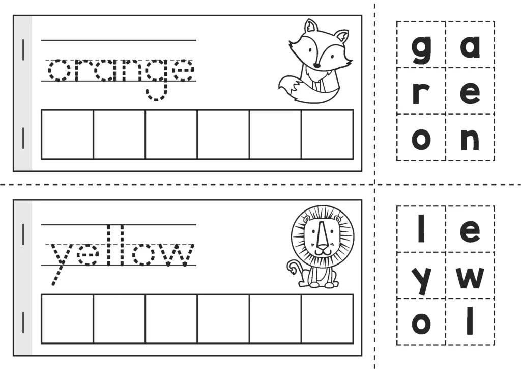 Color Vocabulary Build-a-Word Booklet. Each page includes a word to trace, tiles to build the word, and a picture to color. Staple into a mini booklet for review and vocabulary building.