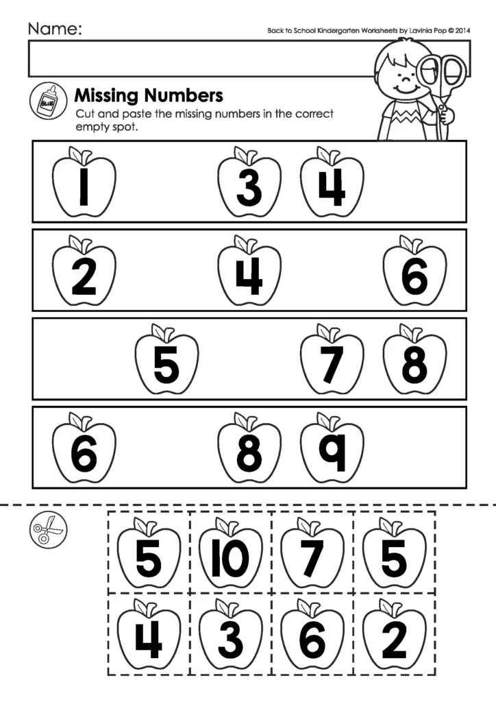 Back to School Kindergarten Worksheets and Activities. Cut and Paste Missing Numbers 1-10. Children complete number lines by cutting and pasting the missing numbers into place.