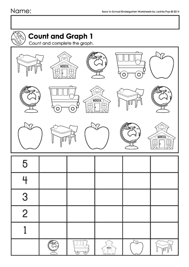 Back to School Kindergarten Worksheets and Activities. Count and Graph 1-5. Children count each item type and complete a graph to show their results. A great visual way to introduce data collection.