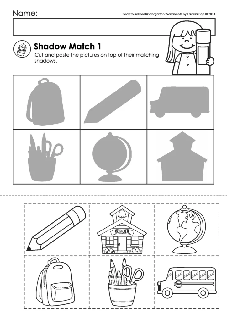 Back to School Kindergarten Worksheets and Activities. Shadow Match.