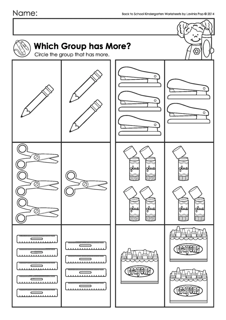 Back to School Kindergarten Worksheets and Activities. Which Groups Has More?