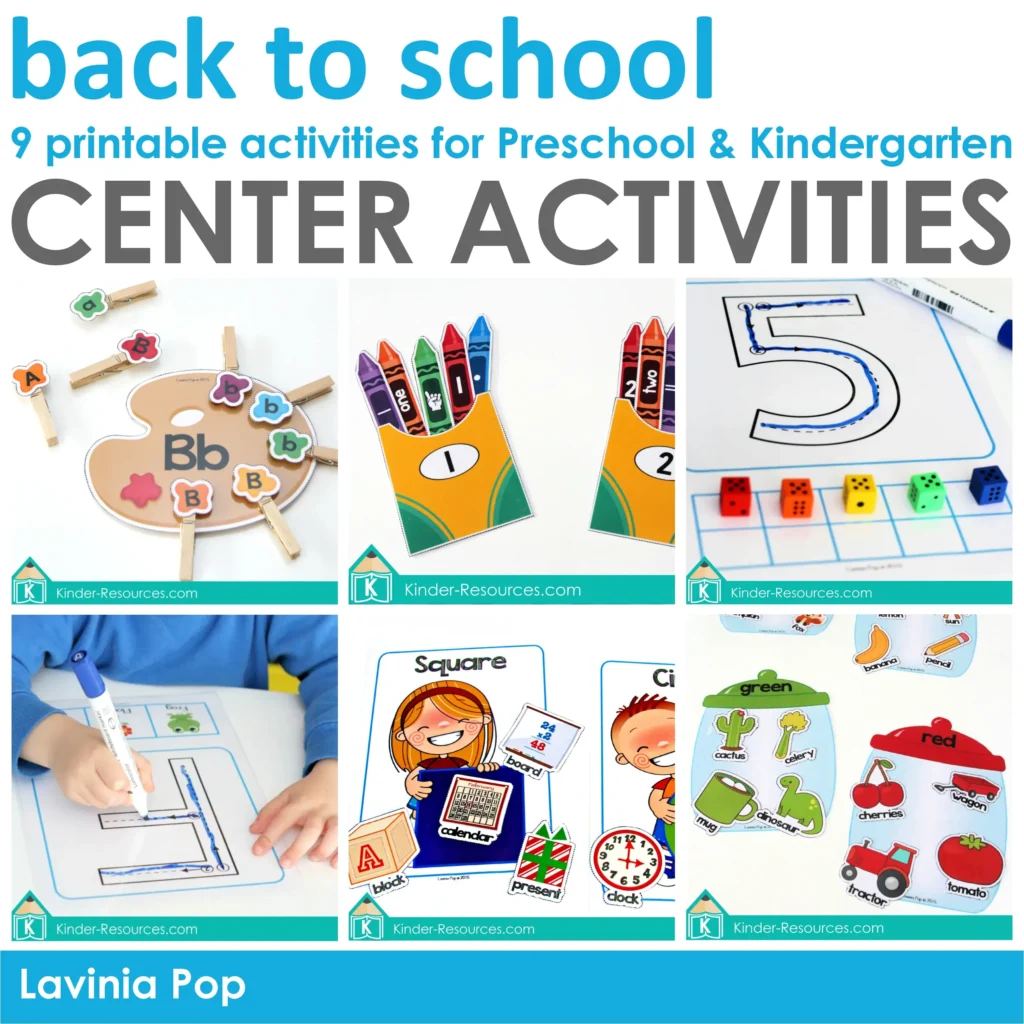 Back to School Preschool Centers | 9 Printable Activities | Alphabet: Upper and Lower Case Letters | Color Sorting Jars | Sorting Reali Life Shapes | Number Mats | Alphabet Mats | Fine Motor Practice | Download FREE printable activities