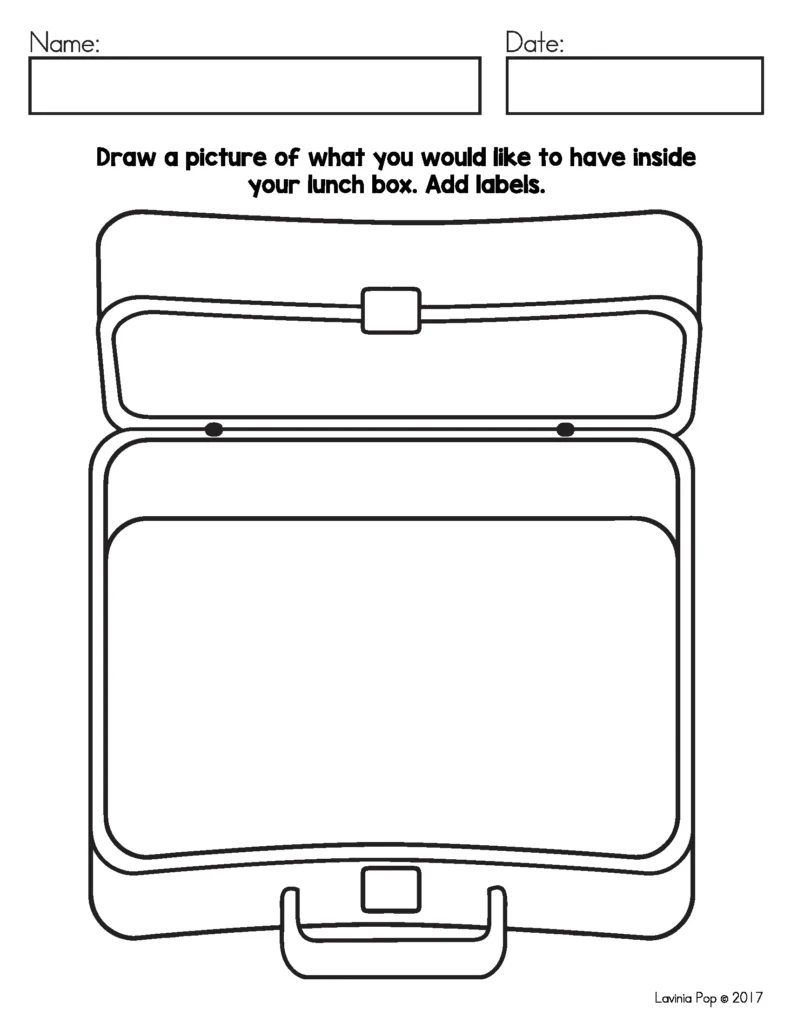 August Writing Journal Prompts for Kindergarten and Grade 1. Students draw and label the foods they would like in their school lunchbox. Encourages creative thinking and builds everyday vocabulary. Free pages to download included in the post.