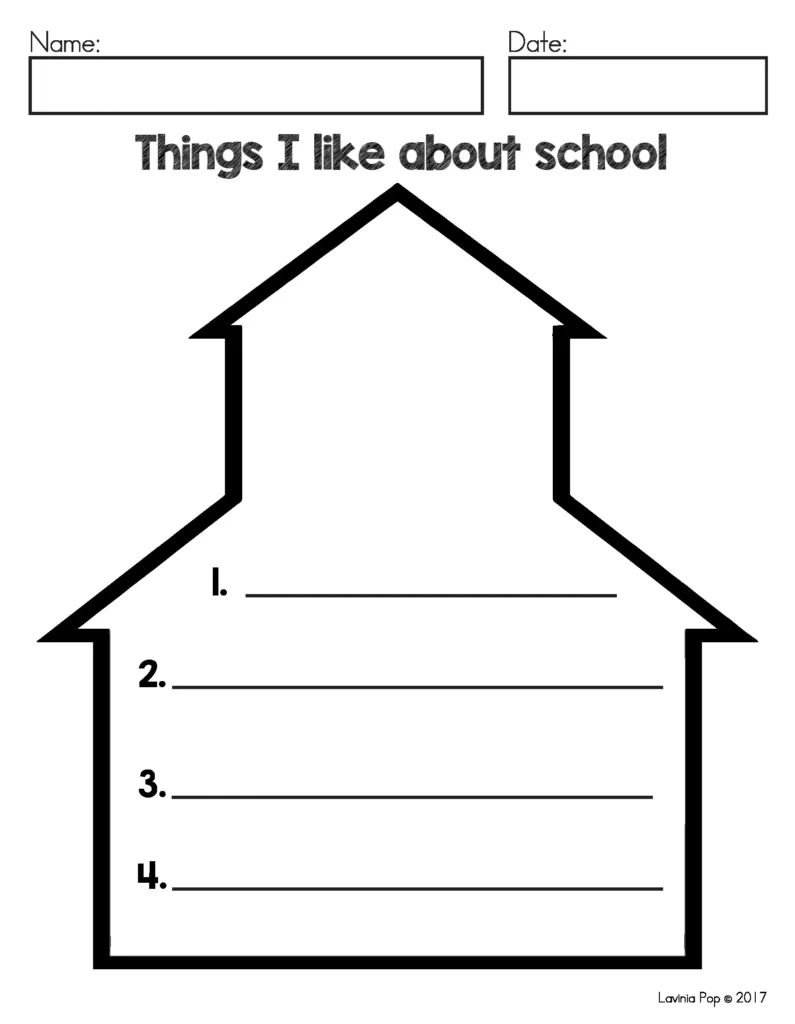 August Writing Journal Prompts for Kindergarten and Grade 1. In this list writing activity, children write about what they enjoy at school. Helps build handwriting fluency and sentence ideas. Free pages to download included in the post.