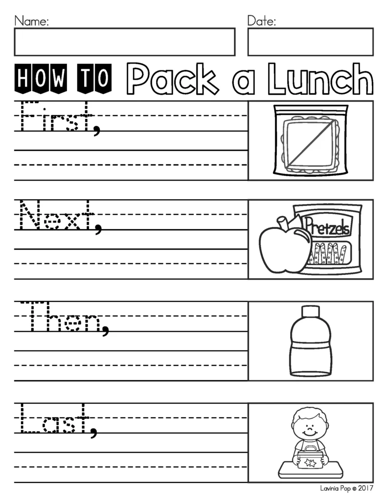August Writing Journal Prompts for Kindergarten and Grade 1. A step by step procedural writing activity where children explain how to pack a lunch. Includes picture guides to help sequence the steps. Version with no images also included. Free pages to download included in the post.