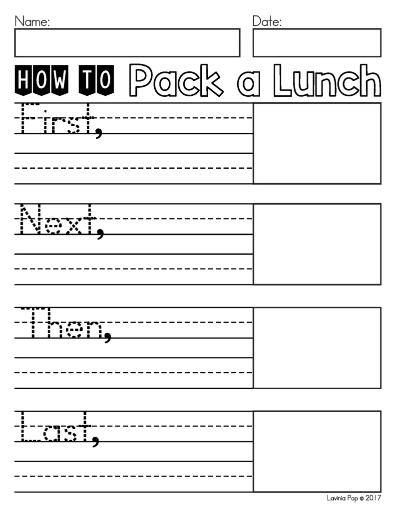 August Writing Journal Prompts for Kindergarten and Grade 1. A step by step procedural writing activity where children explain how to pack a lunch. Includes picture guides to help sequence the steps. Version with no images also included. Free pages to download included in the post.