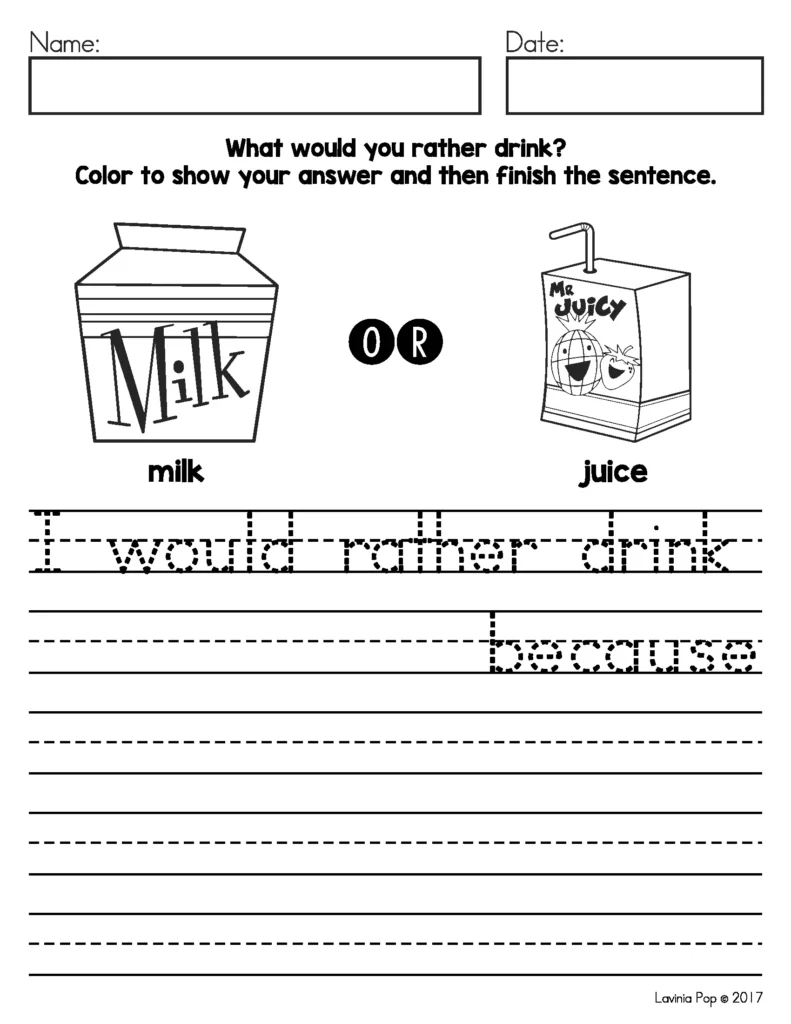 August Writing Journal Prompts for Kindergarten and Grade 1. Students choose between drink options and explain their preference in this opinion writing prompt. Builds reasoning and early sentence structure. Free pages to download included in the post.