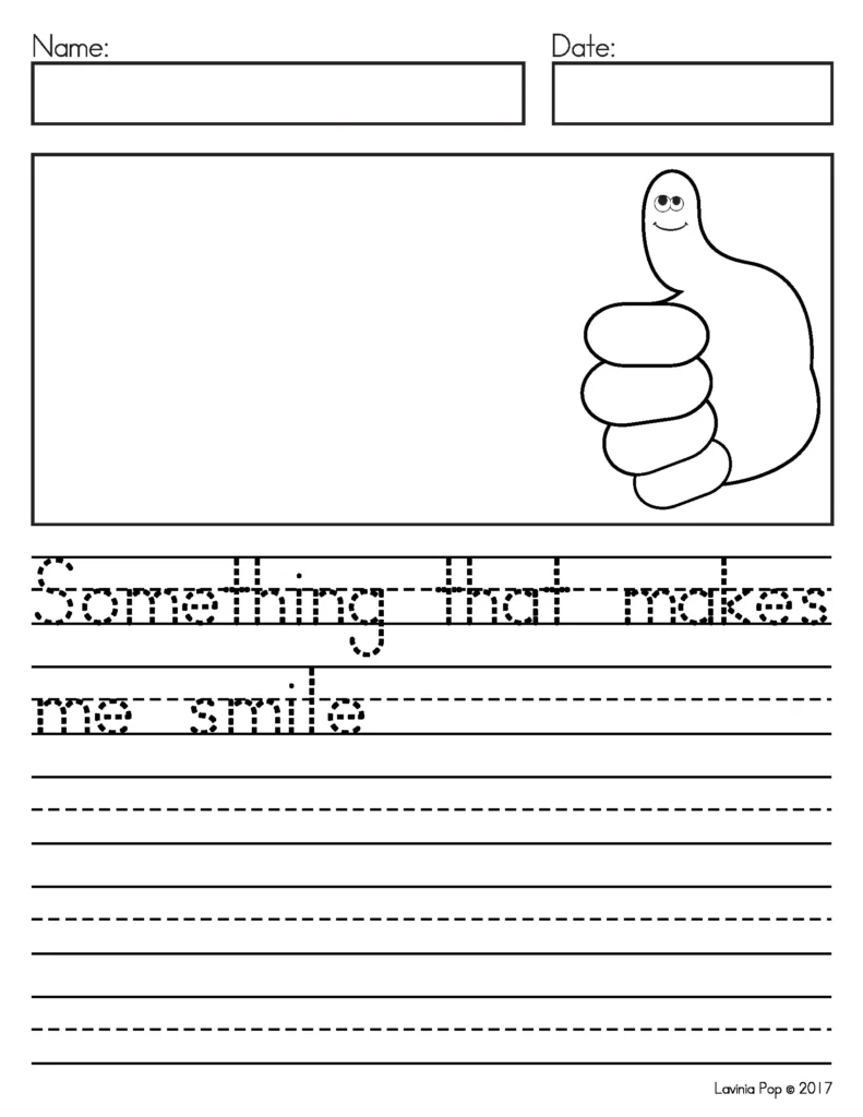 August Writing Journal Prompts for Kindergarten and Grade 1. This prompt invites students to write about something that makes them feel happy. A great narrative writing activity to connect emotions with personal experiences. Free pages to download included in the post.