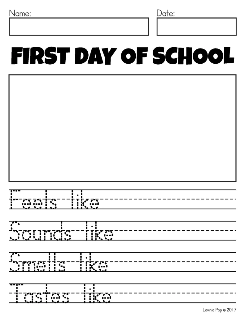 August Writing Journal Prompts for Kindergarten and Grade 1. Students describe their first day of school using their five senses: what they see, hear, feel, smell, and taste. Great for building descriptive language. Free pages to download included in the post.