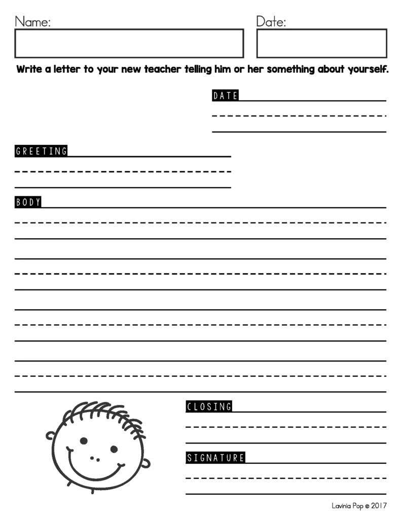 August Writing Journal Prompts for Kindergarten and Grade 1. This back to school letter writing activity helps students introduce themselves and build classroom connection. Ideal for beginning of year writing. Free pages to download included in the post.