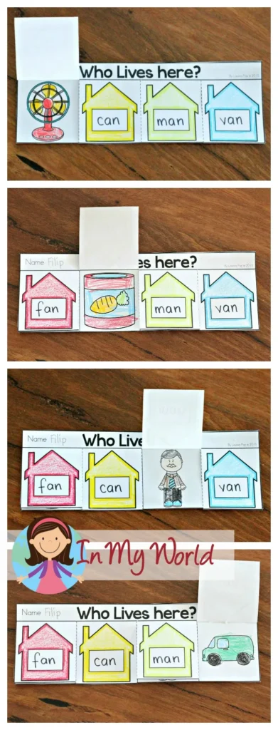 Word Family Flip Book | Interactive word family flip book for -an family words. Printable literacy activity for preschool, kindergarten, and homeschool lessons to build blending and reading skills. Freebies available to download on the blog.