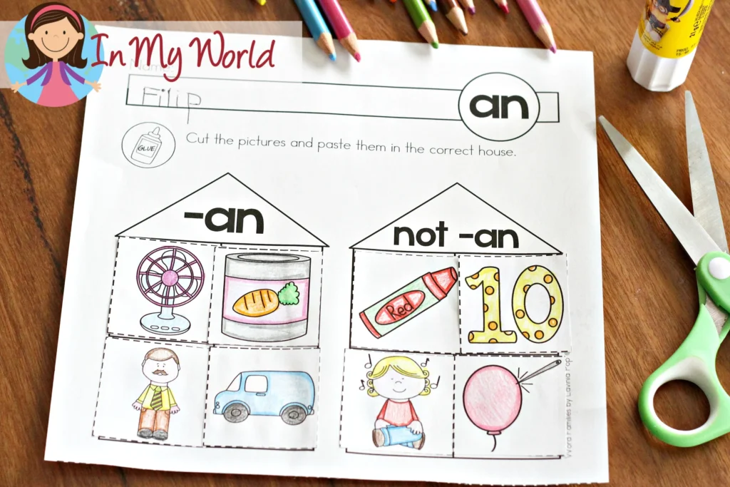 Word Family Cut and Paste Sorting | Cut and paste word family sorting activity for -an words. Printable phonics worksheet for preschool and kindergarten to build spelling and word recognition skills. Freebies available to download on the blog.