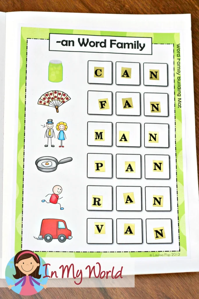 Word Family Word Building Mat | Word family word building mat for the -an word family. Hands-on phonics activity for preschool and kindergarten students to learn CVC words and spelling patterns. Freebies available to download on the blog.